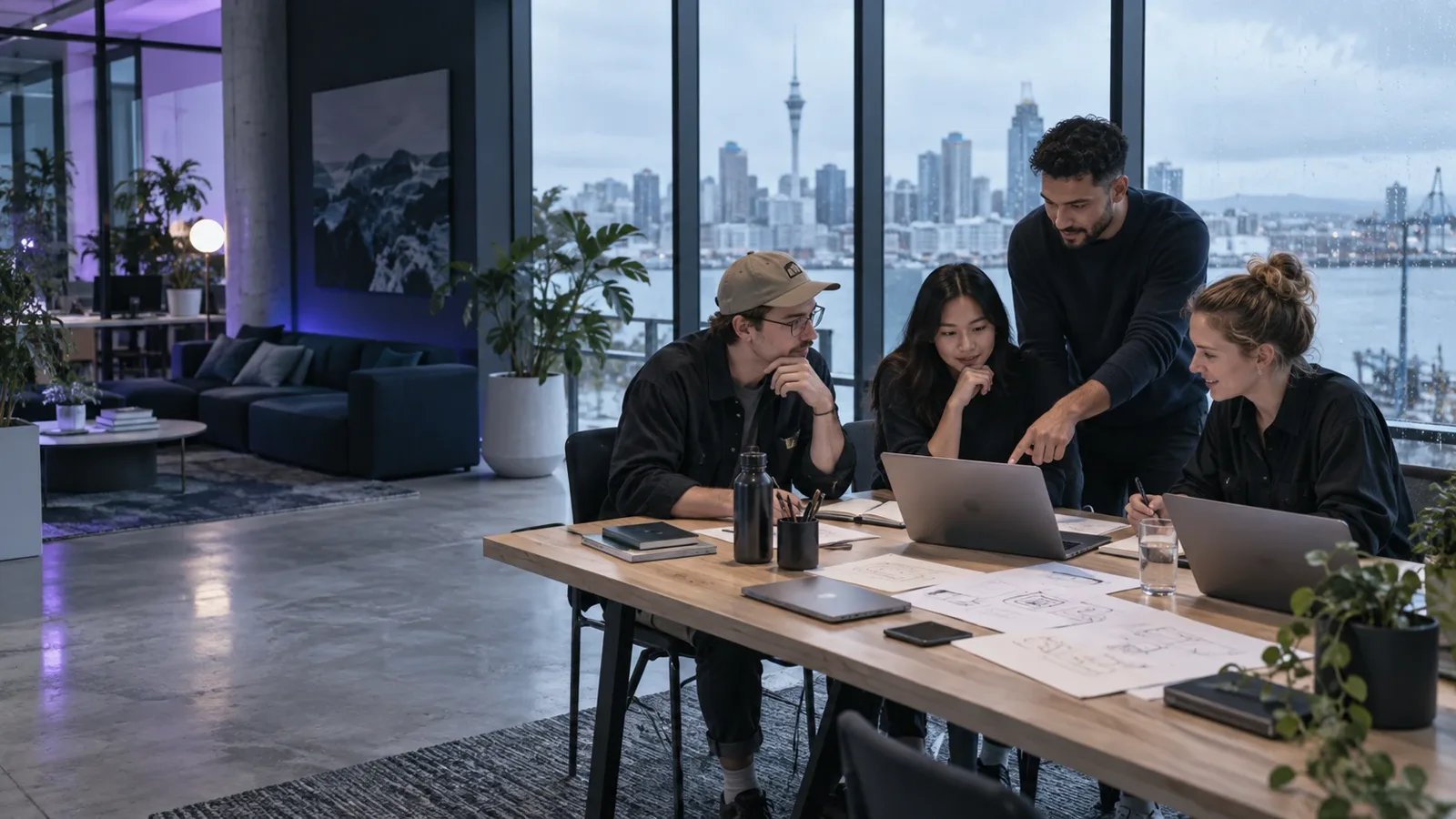 The Diginova team reviewing wireframes together in the studio, with the Auckland skyline behind them.